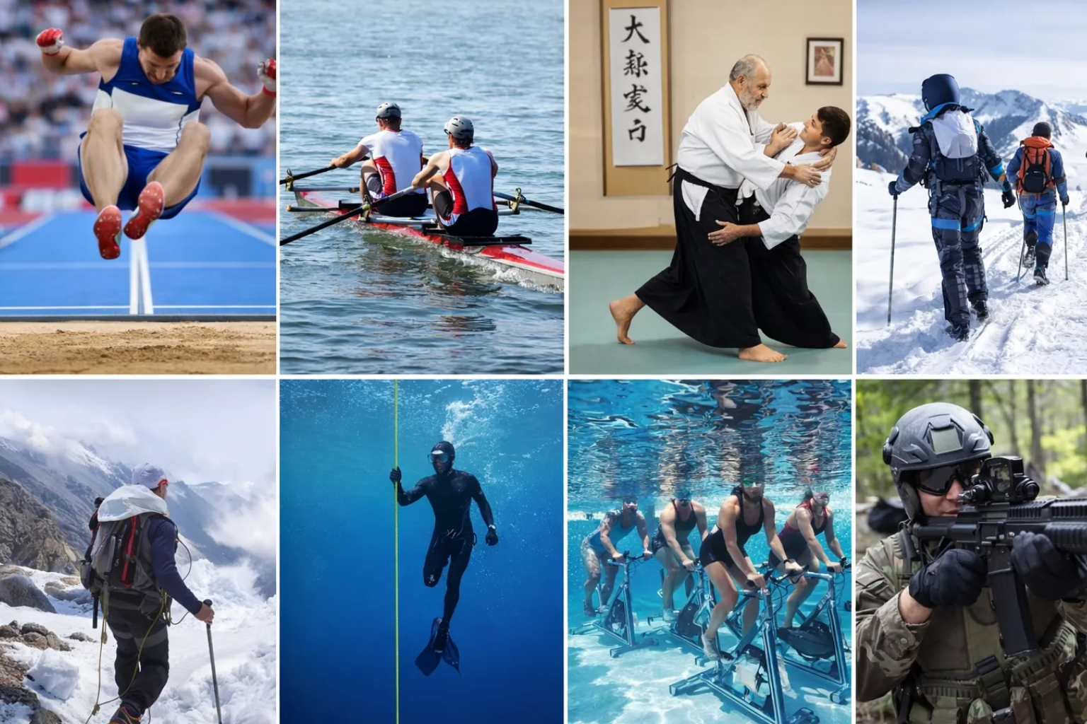 Pratiquants de plusieurs sports en S sur un terrain, raquette, glisse et sports collectifs