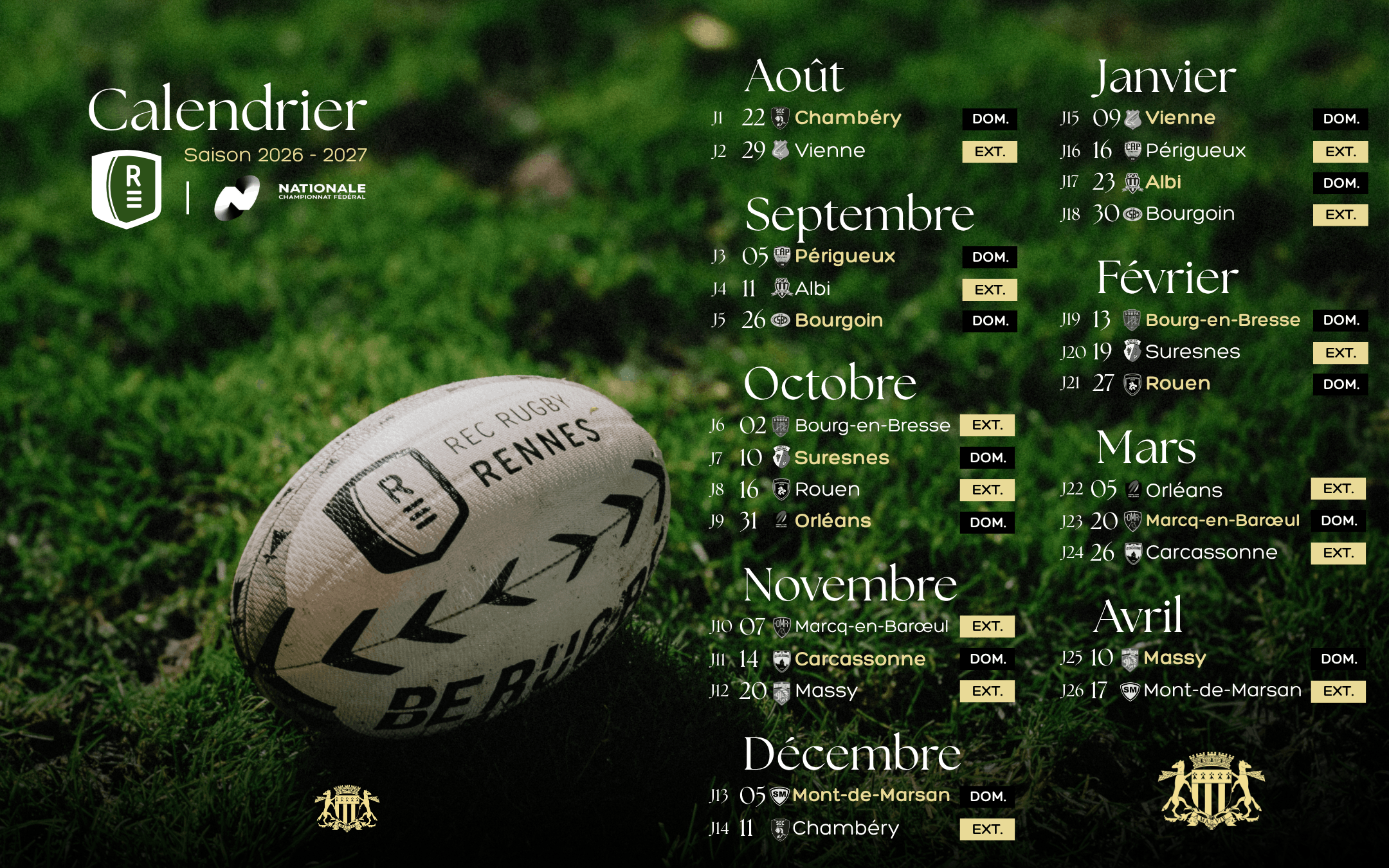 Calendrier de matchs de rugby avec dates et horaires pour la saison 2026/2027
